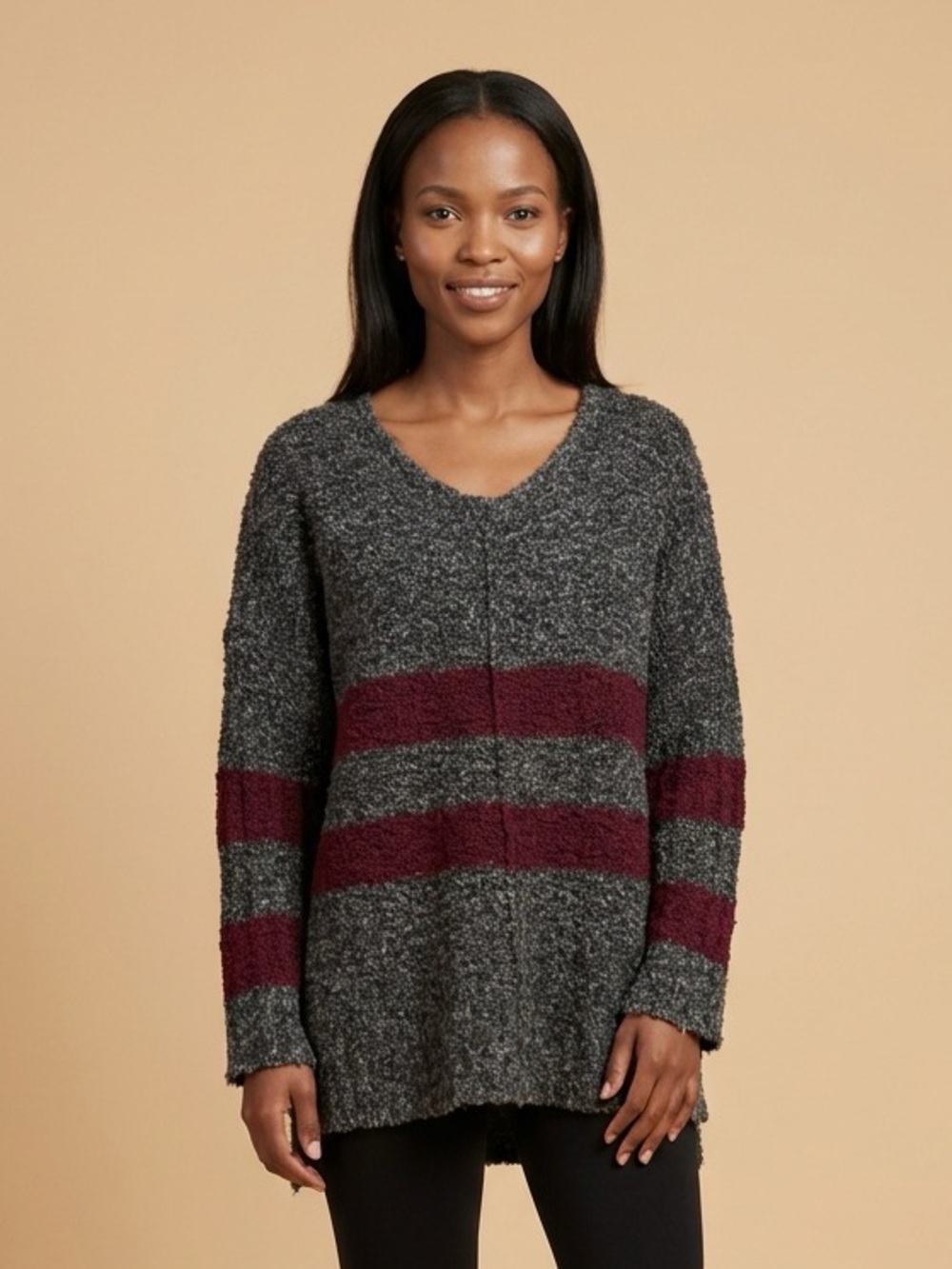 ALYA Charcoal Gray V-Neck Striped Chunky Knit Sweater Sz M